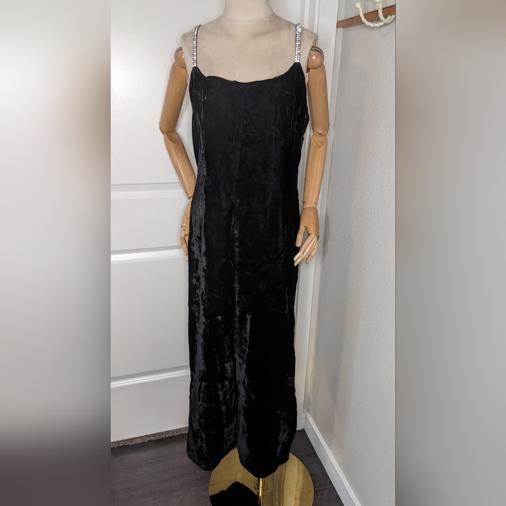 Vintage 60s Black Velvet Maxi Gown Rhinestone Straps Retro Hollywood Glam SZ M